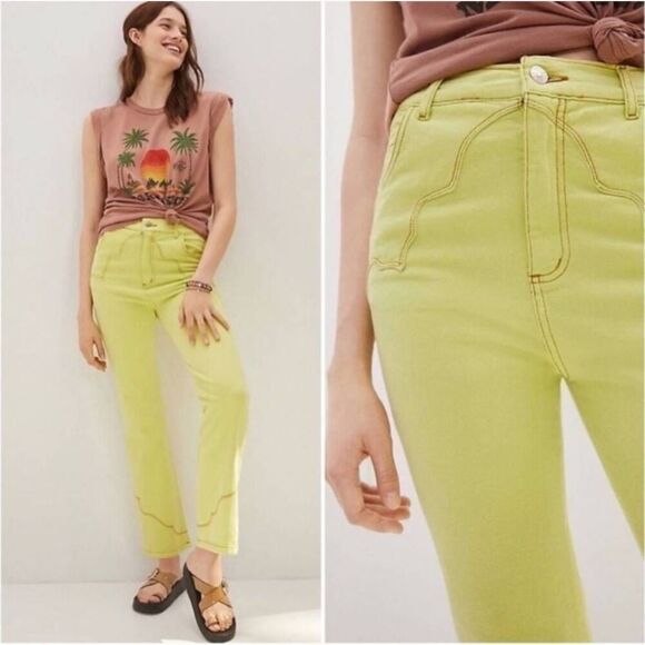 Free People Denim - Pastiche Womens Western High Rise Straight Leg Jeans Size 31 Neon Green Retro